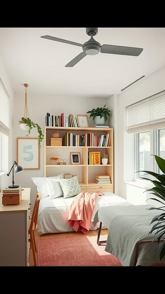 A cozy bedroom featuring a bed with soft bedding, bookshelves filled with books, a desk lamp, and plants.