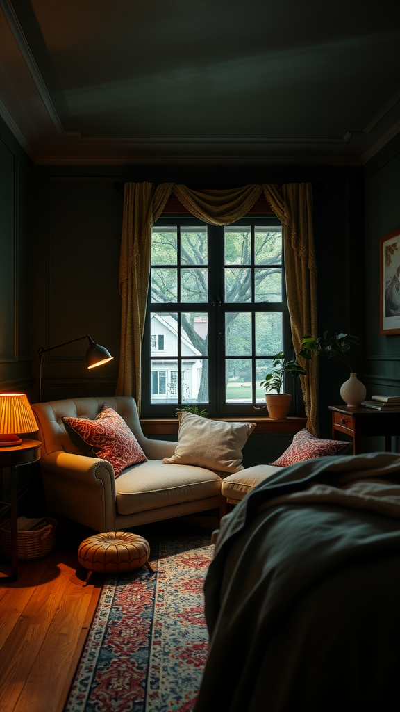 A cozy reading nook with a comfortable chair, warm lighting, and a view of greenery outside.