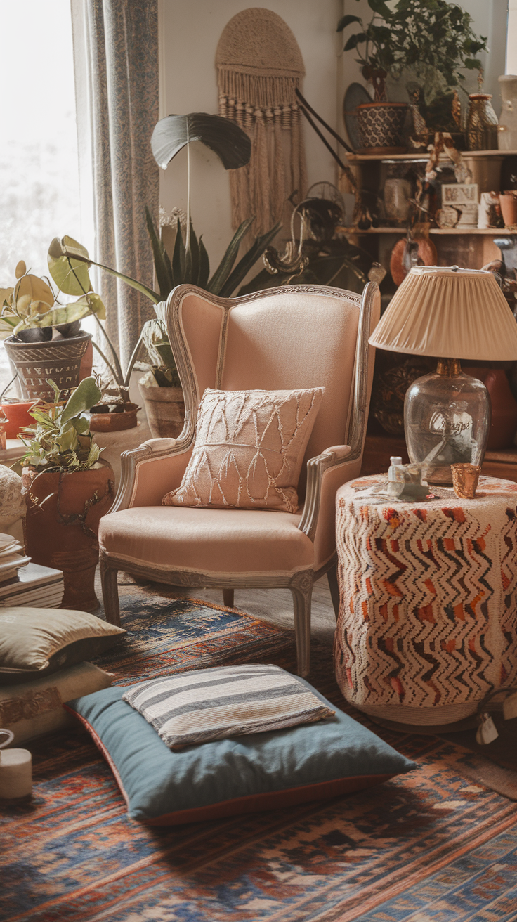 A cozy seating area featuring a plush chair, colorful cushions, and decorative elements.