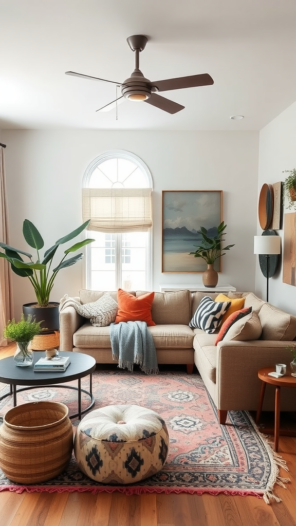 A cozy living room featuring a comfortable sectional sofa, decorative pillows, and a stylish rug.