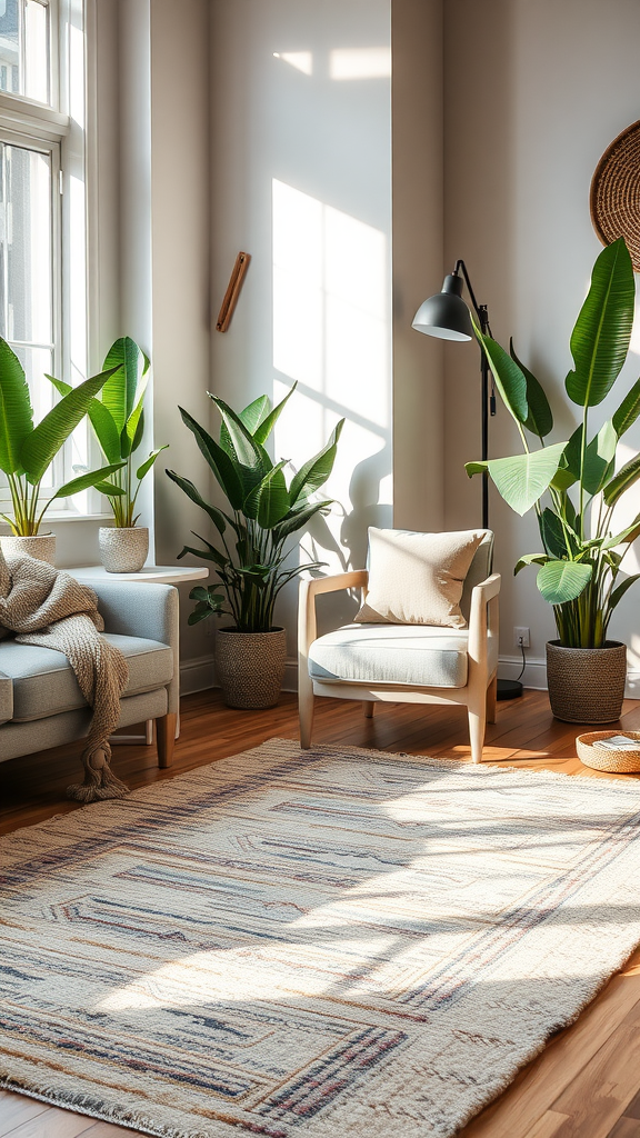 A bright, cozy living room with a textured rug, a comfy chair, and indoor plants.