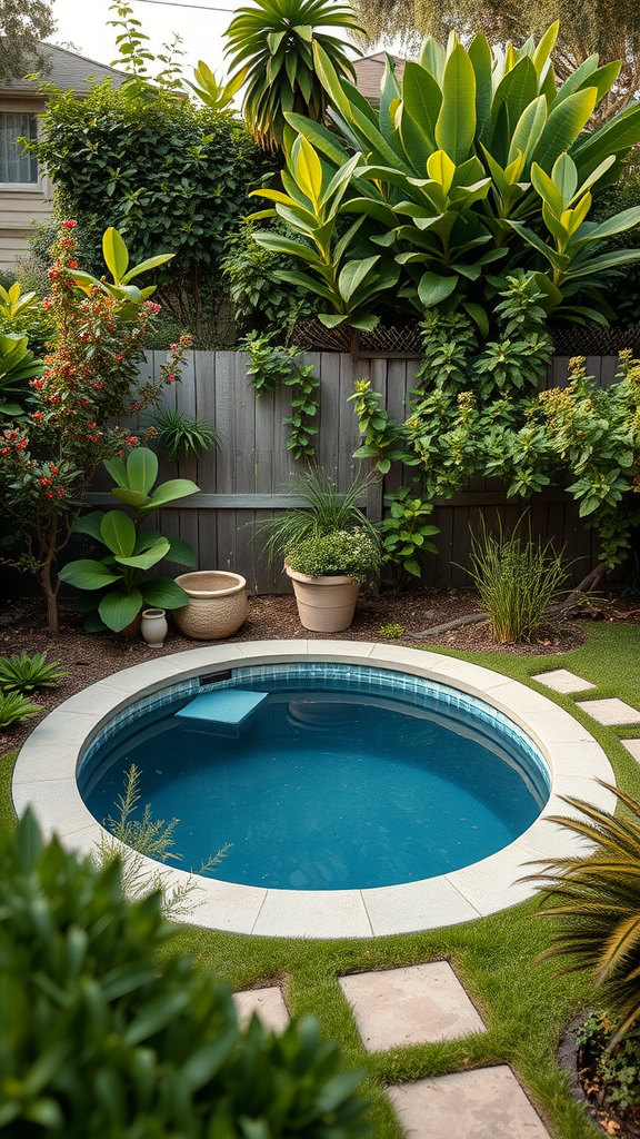 A small circular kidney pool surrounded by lush greenery and decorative plants.