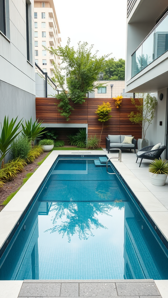 A narrow lap pool surrounded by greenery and modern seating in a small yard.