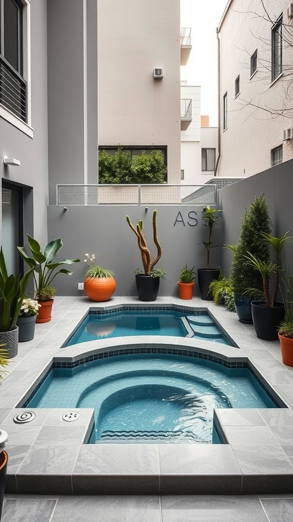 A small modern pool with an integrated jacuzzi surrounded by potted plants.