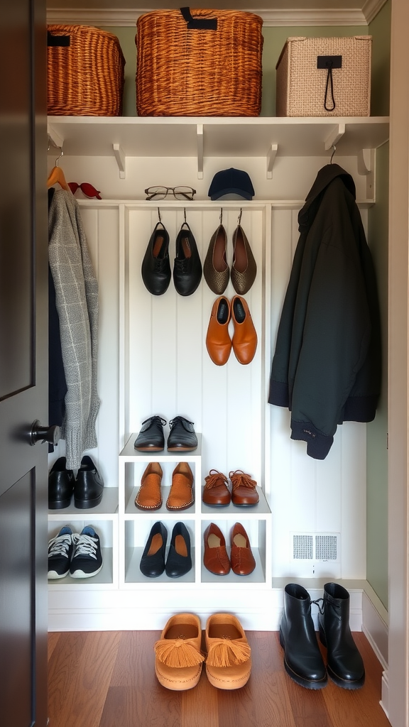 A well-organized closet featuring various shoes neatly arranged on shelves, complemented by storage baskets for additional items.