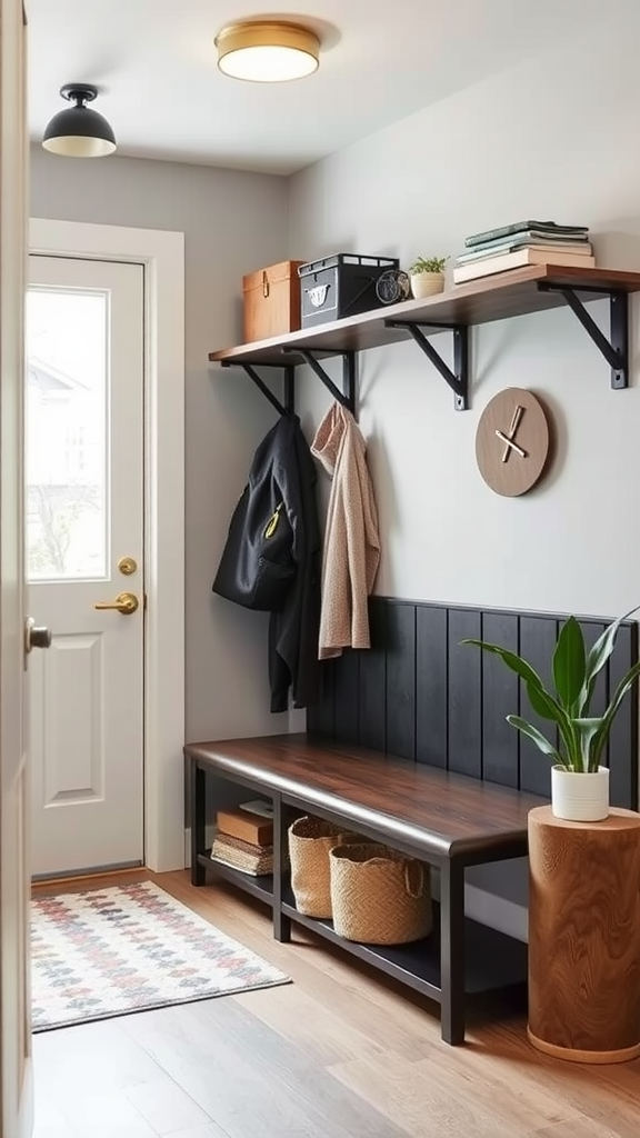 A stylish urban mudroom featuring a bench, wall hooks, and shelf for storage.