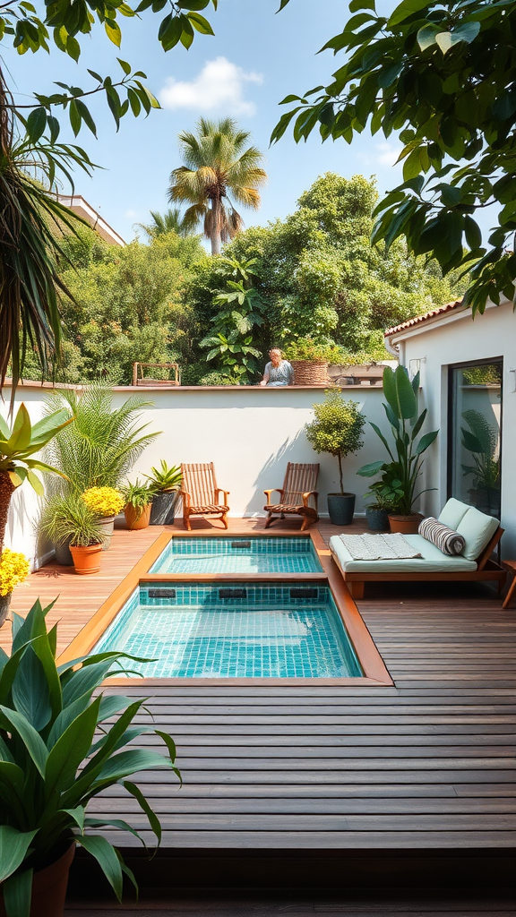 A small, stylish wooden deck pool surrounded by plants and seating in a compact backyard.