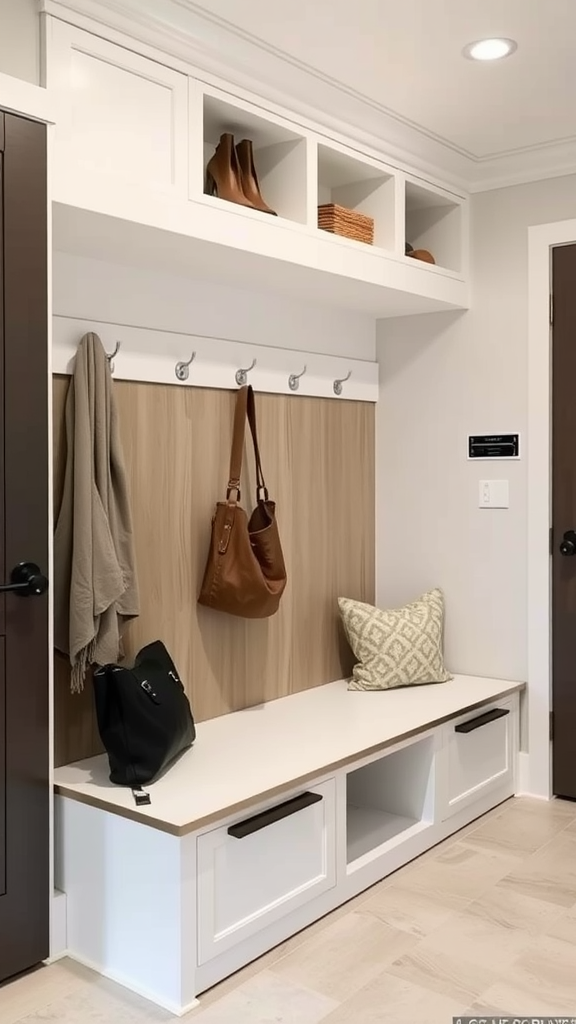 A contemporary bench with metal accents, situated in a stylish entryway, featuring hooks for bags and a warm wooden backdrop.