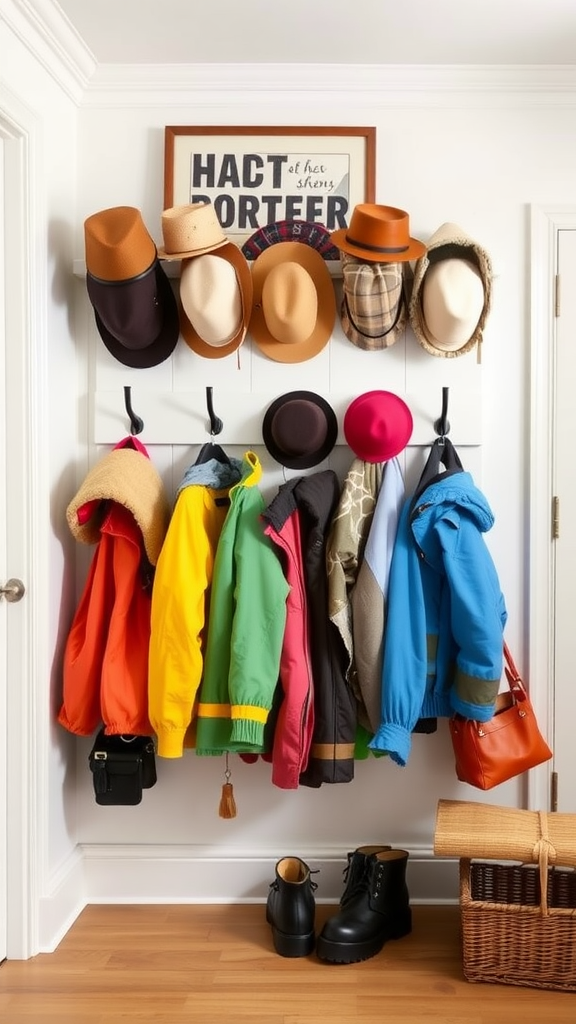 A contemporary coat rack displaying colorful jackets and various hats, enhancing the entryway's style.