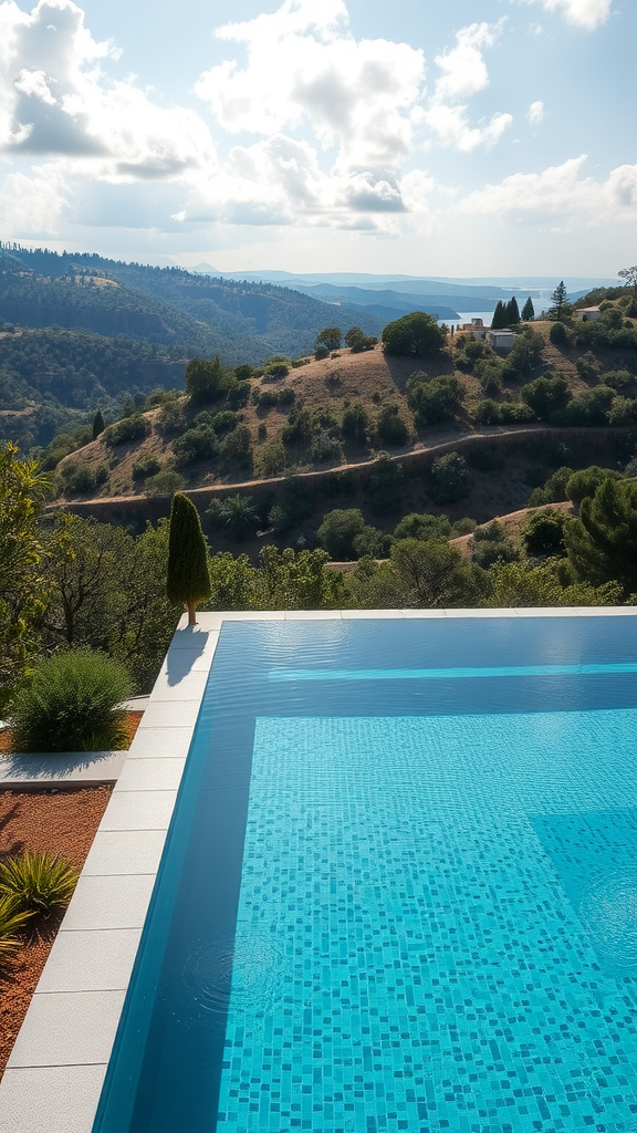 A contemporary infinity edge pool overlooking a scenic landscape