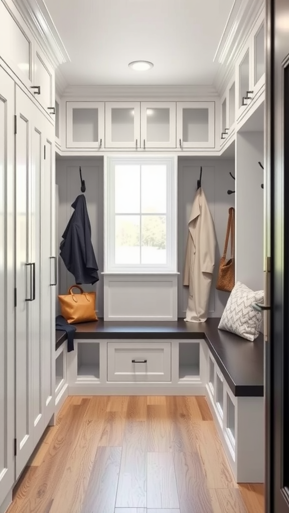 Modern entryway with lockers and a bench.