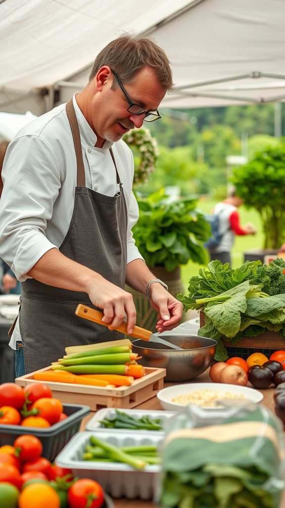 A chef demonstrating cooking techniques with fresh vegetables at a market.