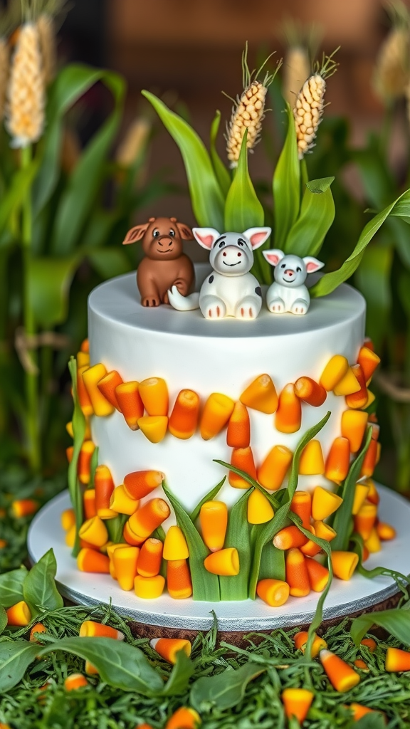 A whimsical cornfield-themed cake decorated with animal figures and candy corn