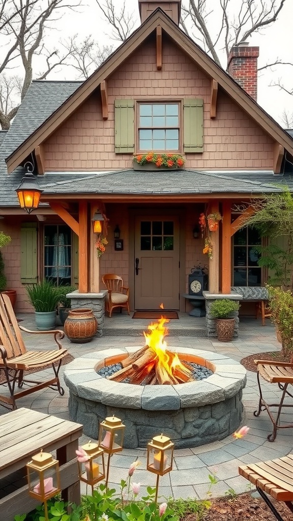 Cozy cottage-style fire pit with seating area surrounded by greenery and lanterns.