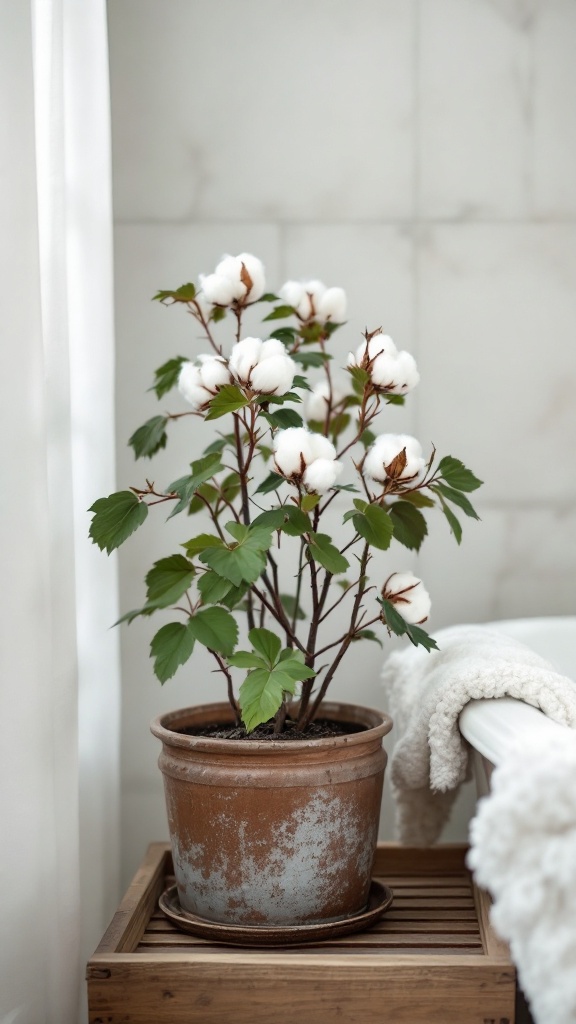 Cotton plant in a rustic pot, adding a cozy touch to a bathroom