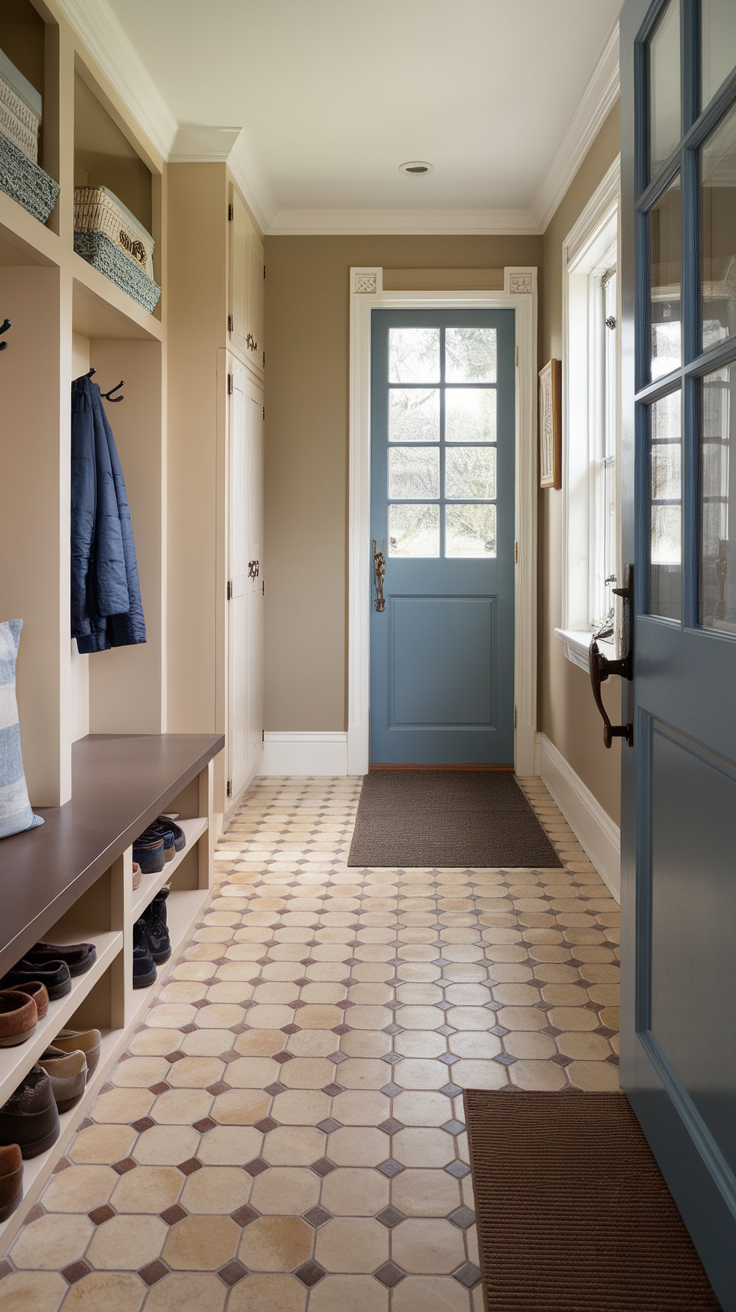 A cozy entryway featuring country style tile flooring with a warm color palette and rustic elements.