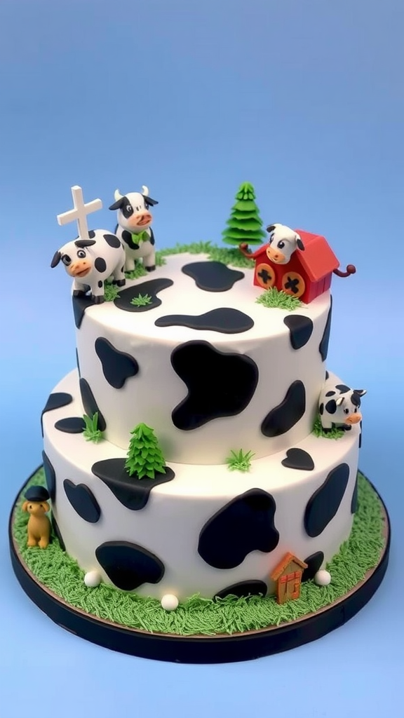 A two-tiered cow print cake decorated with cute cow figures and greenery.