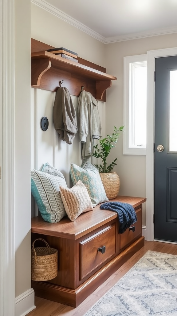 Cozy corner bench with pillows and storage