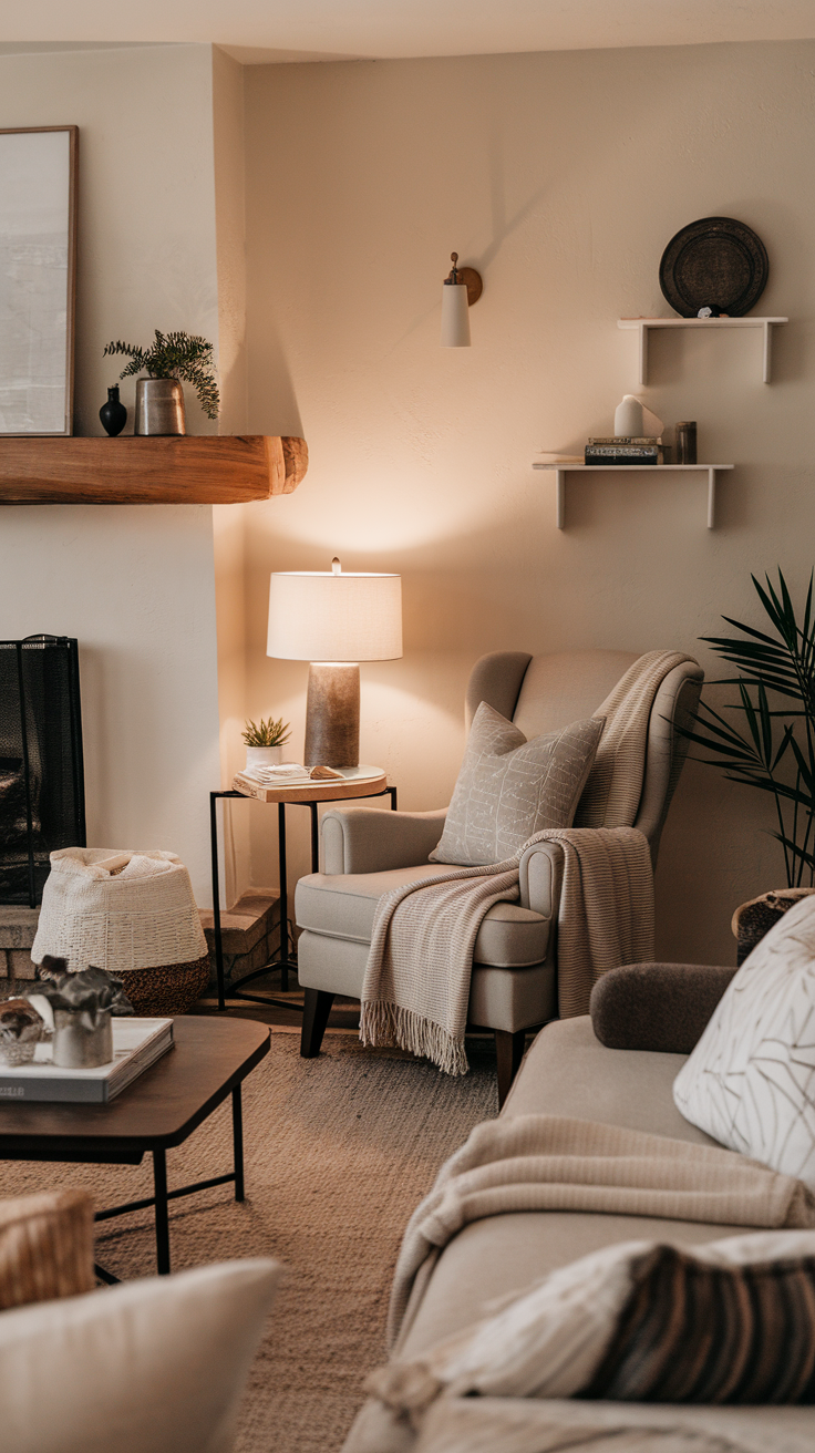 A cozy living room nook featuring a comfortable armchair, warm lighting, and a fireplace.