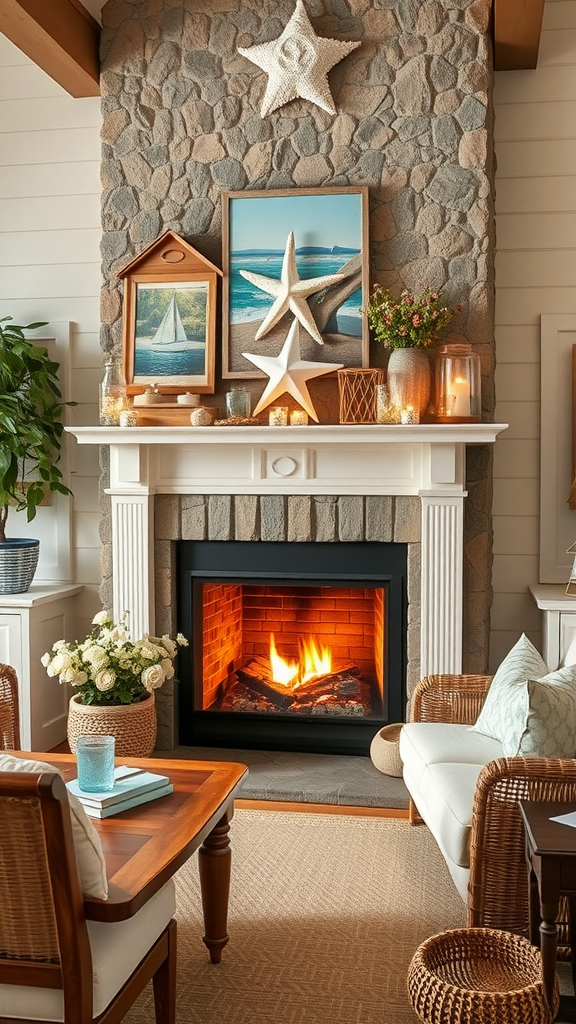 Cozy living room with a beach-themed fireplace and decor