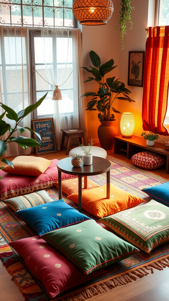 Colorful floor cushions arranged in a cozy living space