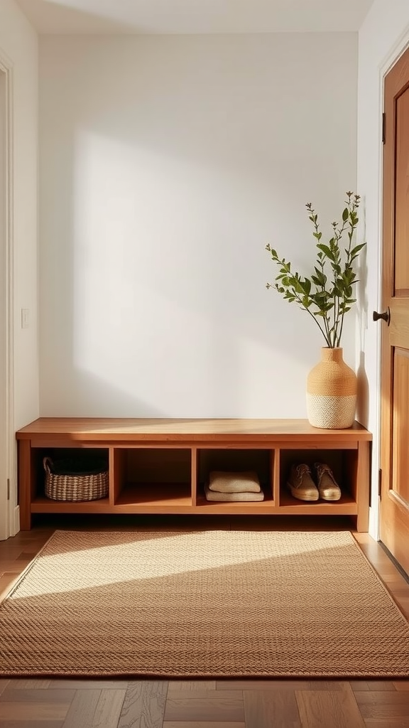 A cozy entrance with a natural floor mat, wooden bench, and a decorative plant.