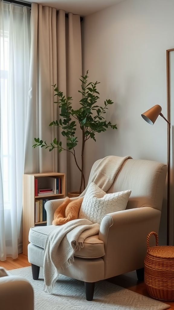 A cozy reading nook with a comfy chair, soft blankets, a small bookshelf, and a potted plant.