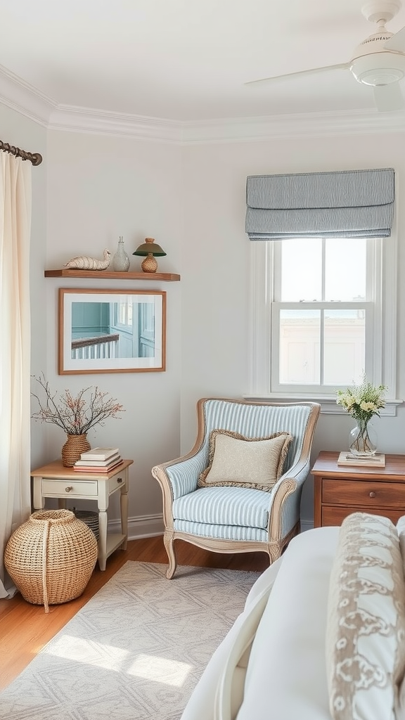 Cozy reading nook in a coastal cottage bedroom featuring a striped armchair and side table.