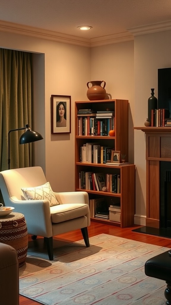 A cozy reading nook with a comfortable chair, bookshelf, and warm lighting.