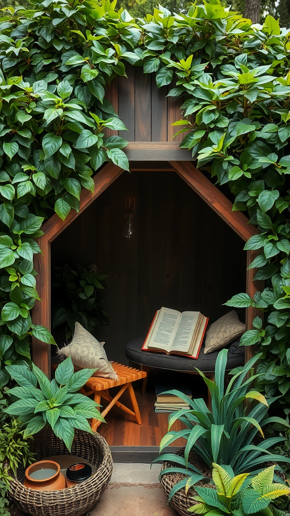 A cozy reading nook filled with greenery, featuring a comfortable chair and an open book.