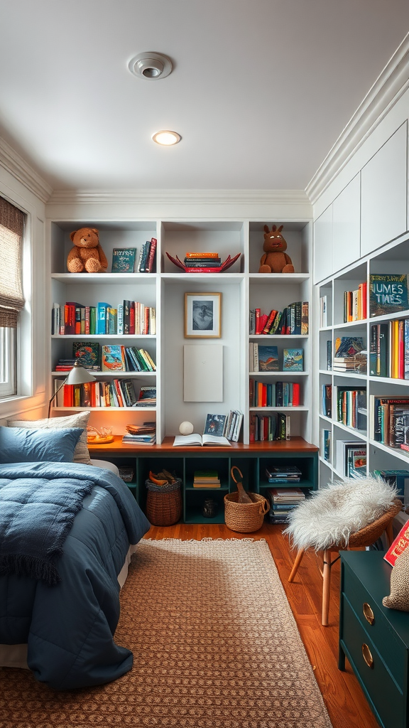 Cozy bedroom with built-in shelves filled with books, plush bed, and a comfortable reading nook.