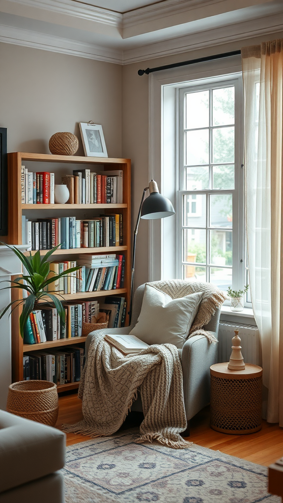 A cozy reading nook with a comfortable chair, bookshelves, and soft lighting.