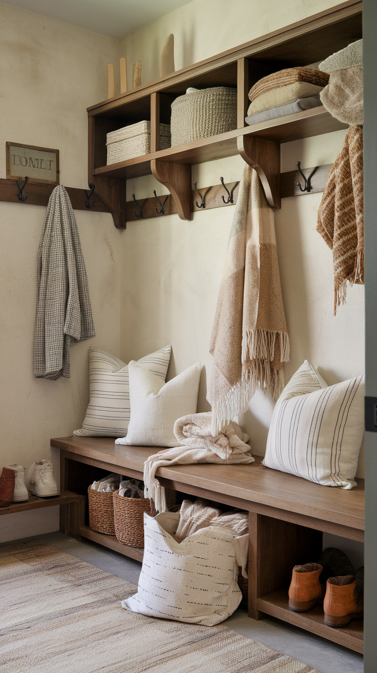 A cozy entryway featuring throw blankets and pillows, with wooden shelves and a warm color palette.