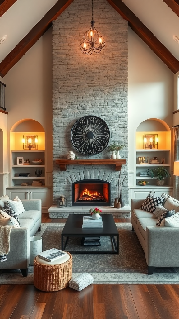 Cozy living room with a fireplace, comfortable seating, and warm lighting.