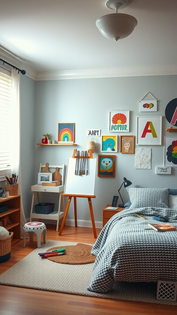 A cozy bedroom featuring an easel, colorful artwork on the walls, and a comfortable bed.