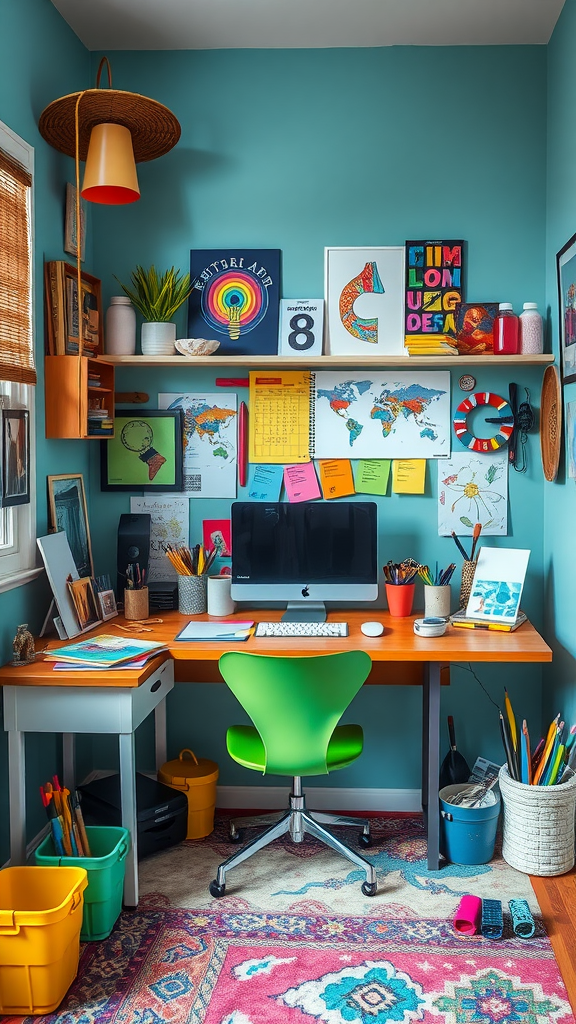 A colorful creative workspace with various art supplies, a computer, and vibrant decorations.