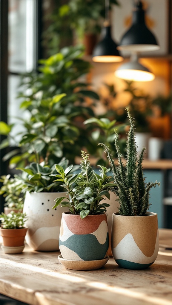 A variety of plants in different pots arranged on a table by a window