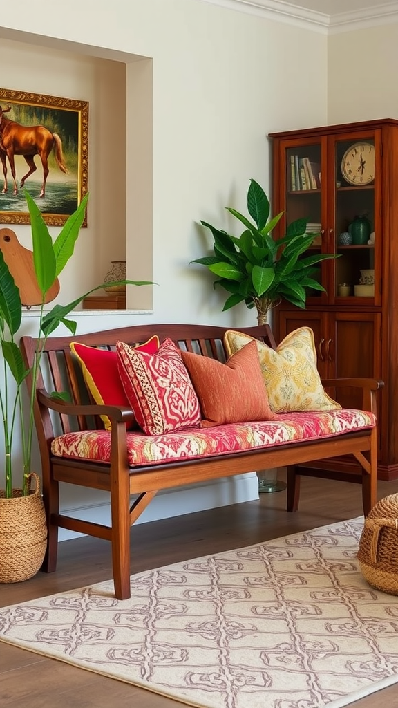 A cozy wooden bench with colorful cushions in a warm interior setting.