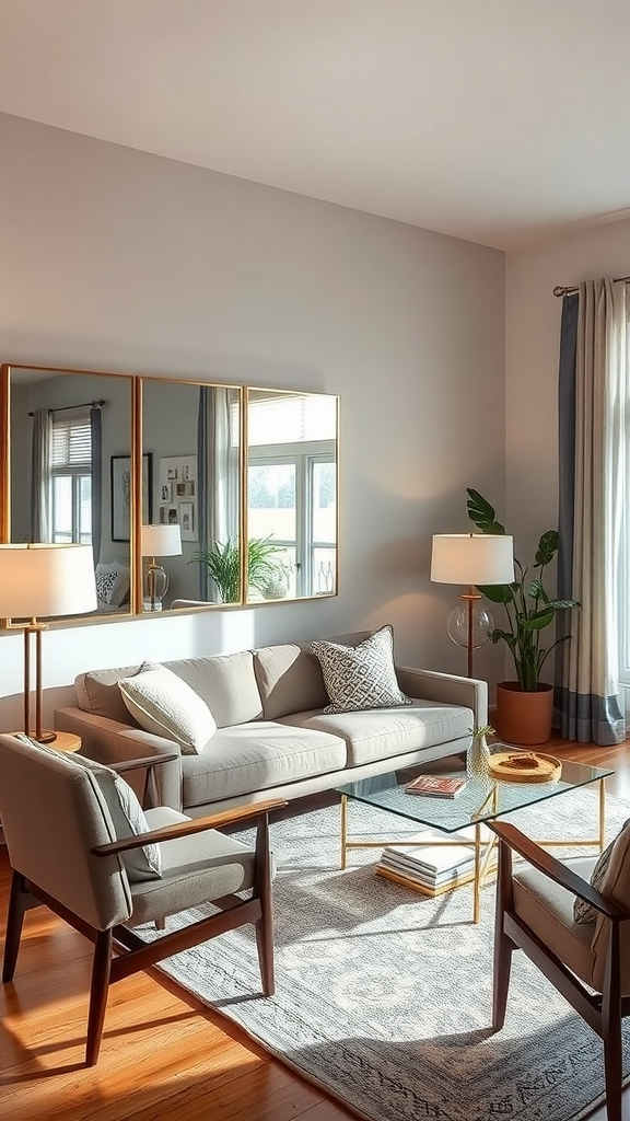 A cozy living room featuring a large mirror above the sofa, stylish furniture, and warm lighting.