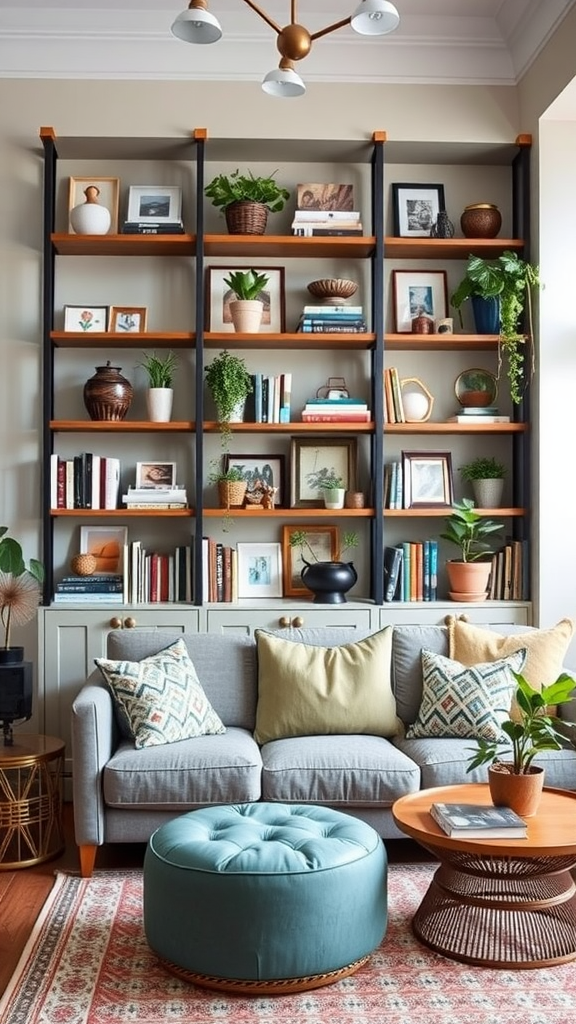 A stylish living room featuring a wall of shelves filled with books, plants, and decorative items, alongside a cozy sofa and coffee table.