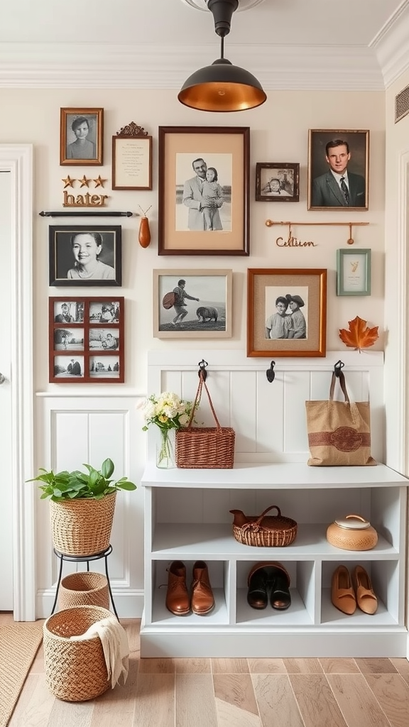 A collection of framed photos and decorative items on a wall, complemented by a cozy entryway setup.