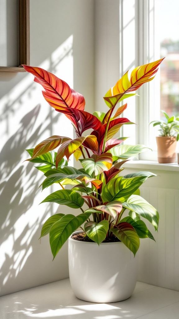 A colorful Croton plant with bright yellow, red, and green leaves in a white pot, placed near a window.