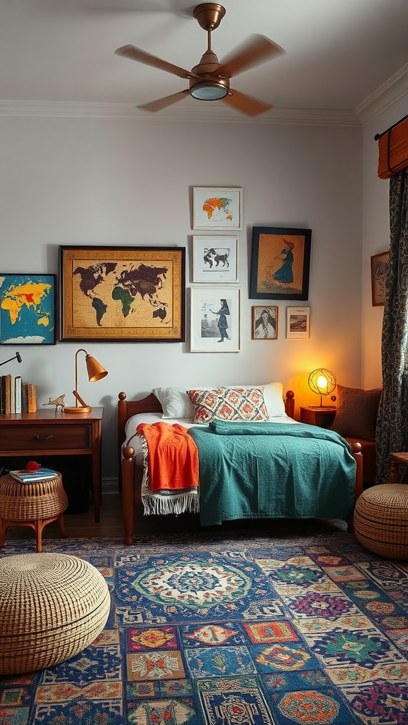 A cozy bedroom showcasing a mix of global art, featuring maps and traditional prints on the walls, with a comfortable bed and unique decor.