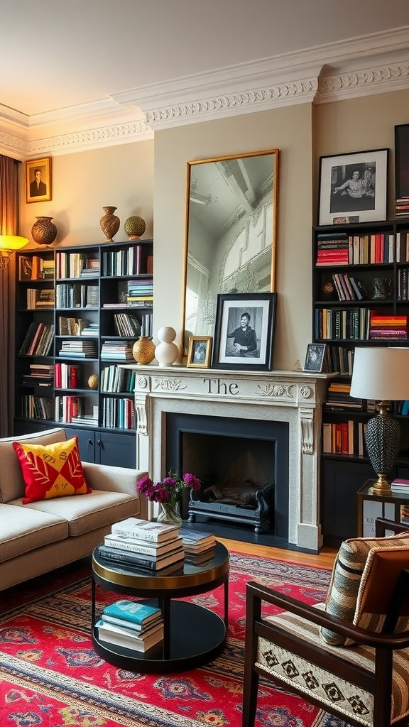 A cozy living room with a well-arranged bookshelf, a fireplace, and comfortable seating.