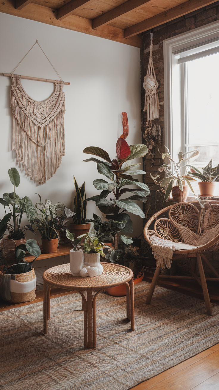 Cozy room with various indoor plants and a macrame wall hanging.