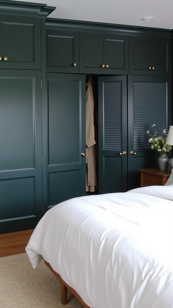 A stylish bedroom featuring custom green closets with gold knobs, showcasing a neat design.