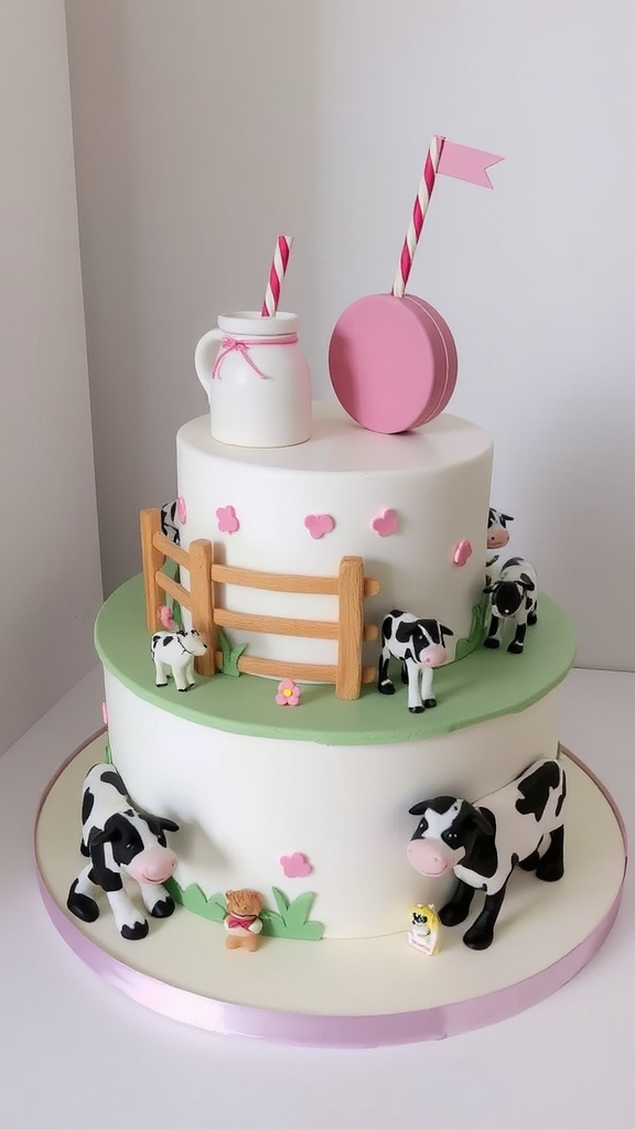 A two-tiered cake decorated with cow figurines, a milk jug, and a pink flag, surrounded by green grass and flowers.