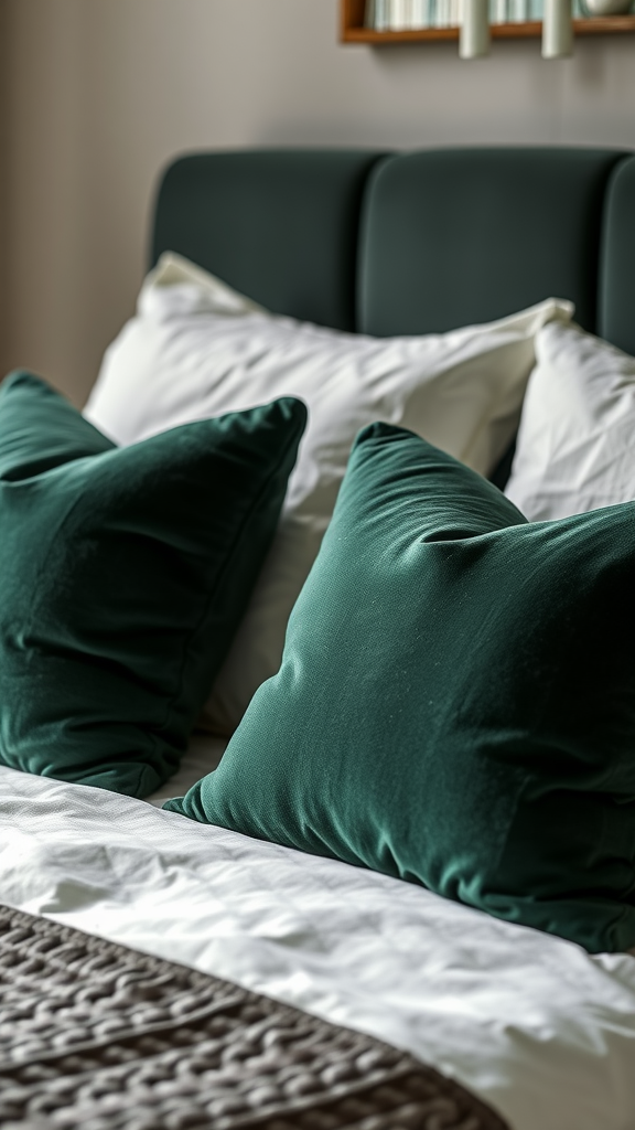 A close-up view of dark green accent pillows on a bed with white linens.