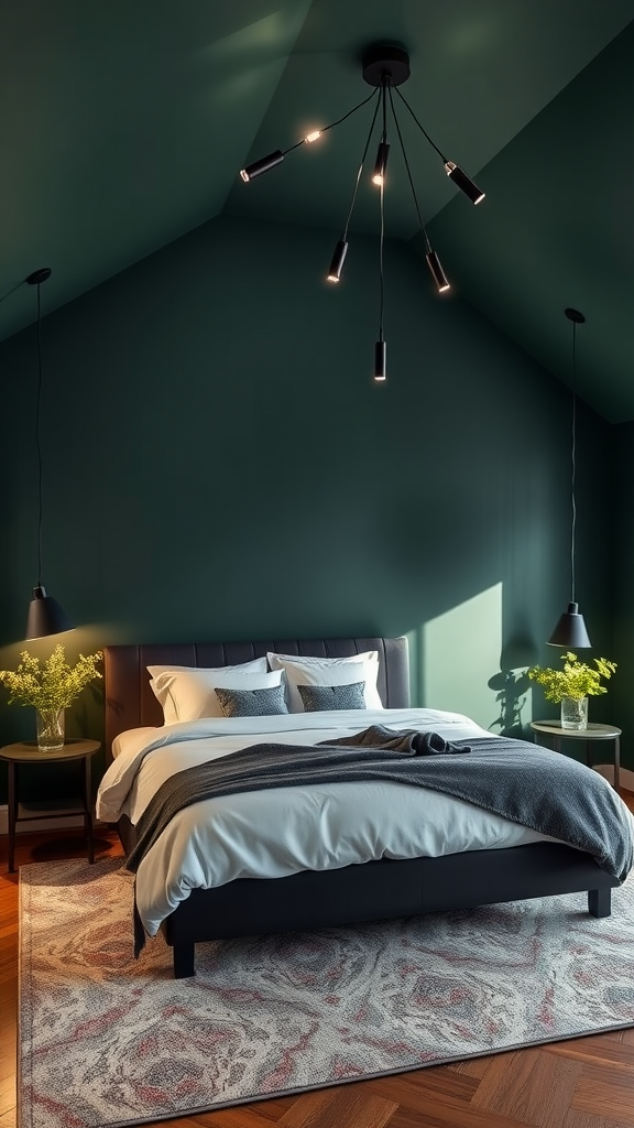 A bedroom with a dark green ceiling, modern black furniture, and stylish lighting.