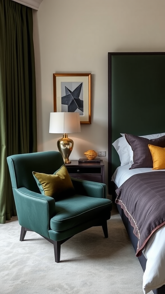 A cozy dark green chair next to a bedside table and a bed with dark bedding.